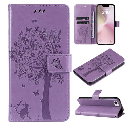 For iPhone SE 2024 Tree & Cat Embossed Pattern Flip Leather Phone Case(Light Purple) - More iPhone Cases by PMC Jewellery | Online Shopping South Africa | PMC Jewellery | Buy Now Pay Later Mobicred