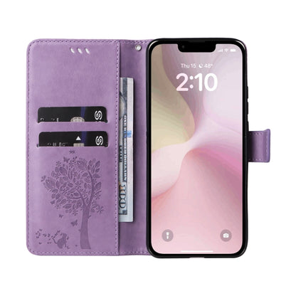 For iPhone SE 2024 Tree & Cat Embossed Pattern Flip Leather Phone Case(Light Purple) - More iPhone Cases by PMC Jewellery | Online Shopping South Africa | PMC Jewellery | Buy Now Pay Later Mobicred