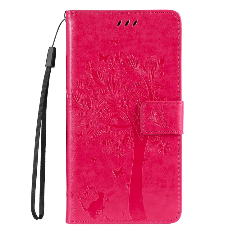 For iPhone SE 2024 Tree & Cat Embossed Pattern Flip Leather Phone Case(Rose Red) - More iPhone Cases by PMC Jewellery | Online Shopping South Africa | PMC Jewellery | Buy Now Pay Later Mobicred