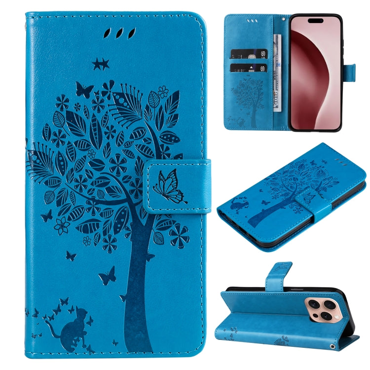 For iPhone 16 Pro Tree & Cat Embossed Pattern Flip Leather Phone Case(Blue) - iPhone 16 Pro Cases by PMC TechLife | Online Shopping South Africa | PMC TechLife | Buy Now Pay Later Mobicred