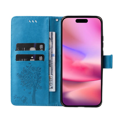 For iPhone 16 Tree & Cat Embossed Pattern Flip Leather Phone Case(Blue) - iPhone 16 Cases by PMC Jewellery | Online Shopping South Africa | PMC Jewellery | Buy Now Pay Later Mobicred