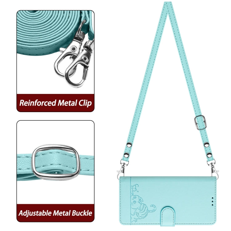 For OPPO Reno11 5G Global Cat Rat Embossed Pattern RFID Leather Phone Case with Lanyard(Mint Green) - Reno11 Cases by PMC Jewellery | Online Shopping South Africa | PMC Jewellery | Buy Now Pay Later Mobicred