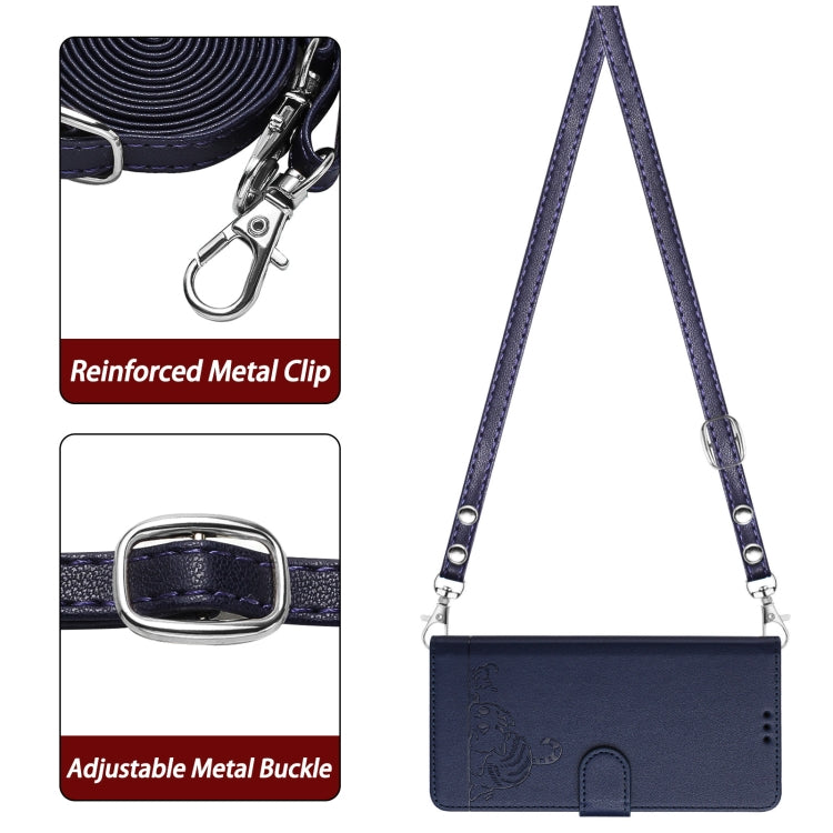For iPhone 16e Cat Rat Embossed Pattern RFID Leather Phone Case with Lanyard(Blue) - iPhone 16e Cases by PMC TechLife | Online Shopping South Africa | PMC TechLife | Buy Now Pay Later Mobicred