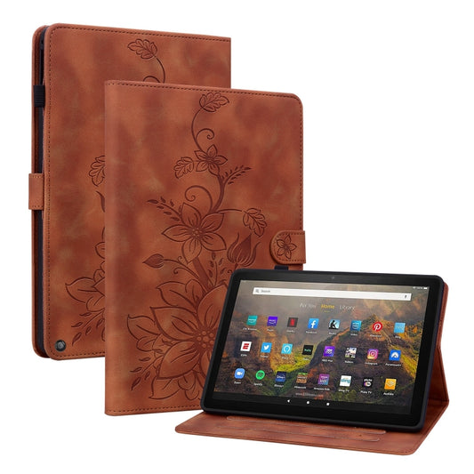 For Amazon Fire HD10 / HD10 Plus 2021 Lily Embossed Leather Smart Tablet Case(Brown) - Amazon by PMC Jewellery | Online Shopping South Africa | PMC Jewellery | Buy Now Pay Later Mobicred