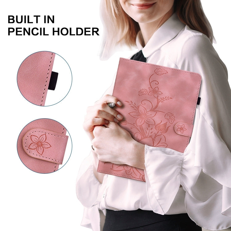 For Samsung Galaxy Tab S9 / S9 FE Lily Embossed Leather Tablet Case(Pink) - Galaxy Tab S9 Cases by PMC Jewellery | Online Shopping South Africa | PMC Jewellery | Buy Now Pay Later Mobicred