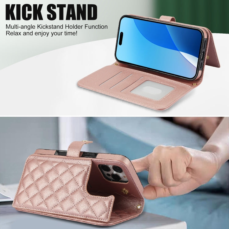 For iPhone 16 Pro Max Crossbody Multifunction Rhombic Leather Phone Case(Rose Gold) - iPhone 16 Pro Max Cases by PMC Jewellery | Online Shopping South Africa | PMC Jewellery | Buy Now Pay Later Mobicred