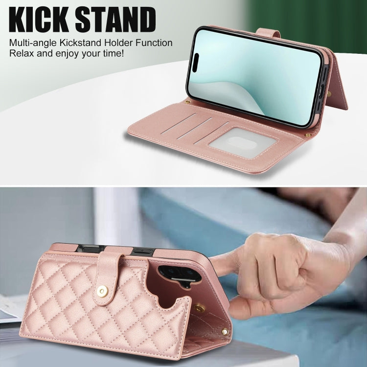 For iPhone 16 Plus Crossbody Multifunction Rhombic Leather Phone Case(Rose Gold) - iPhone 16 Plus Cases by PMC Jewellery | Online Shopping South Africa | PMC Jewellery | Buy Now Pay Later Mobicred