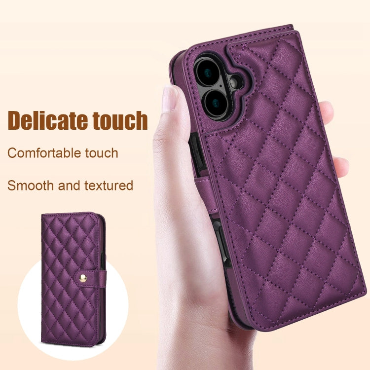 For iPhone 16 Plus Crossbody Multifunction Rhombic Leather Phone Case(Dark Purple) - iPhone 16 Plus Cases by PMC Jewellery | Online Shopping South Africa | PMC Jewellery | Buy Now Pay Later Mobicred