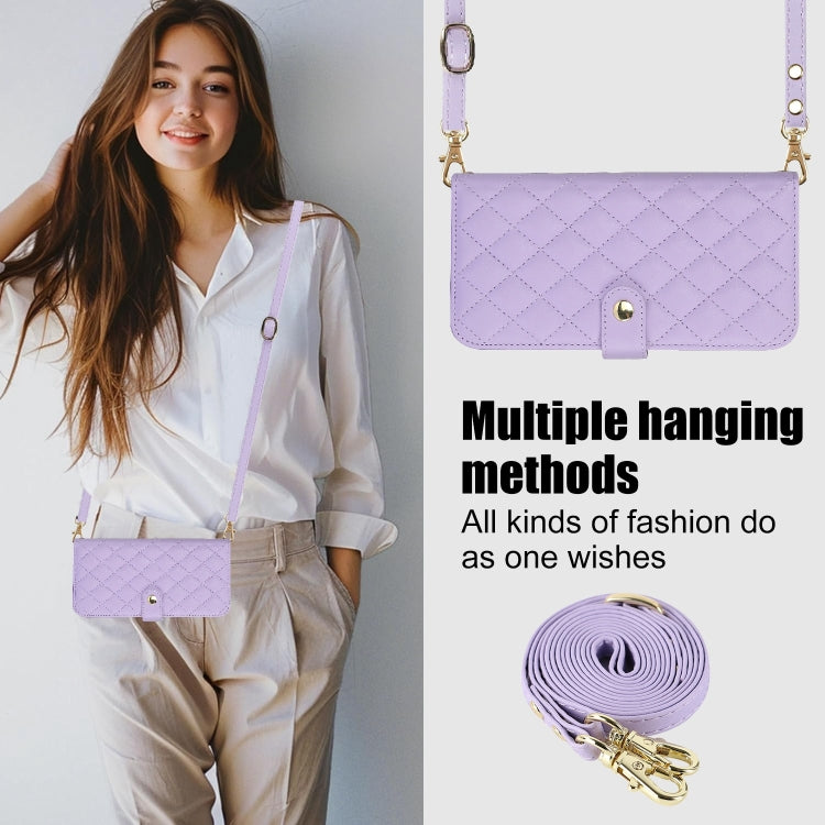 For iPhone 16 Plus Crossbody Multifunction Rhombic Leather Phone Case(Purple) - iPhone 16 Plus Cases by PMC Jewellery | Online Shopping South Africa | PMC Jewellery | Buy Now Pay Later Mobicred