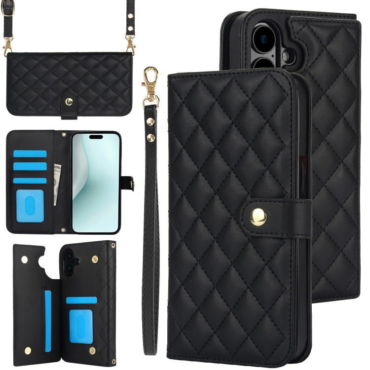 For iPhone 16 Crossbody Multifunction Rhombic Leather Phone Case(Black) - iPhone 16 Cases by PMC Jewellery | Online Shopping South Africa | PMC Jewellery | Buy Now Pay Later Mobicred