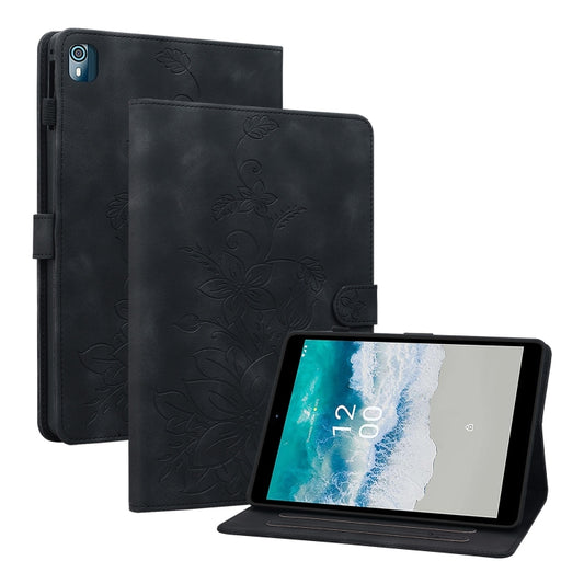 For Nokia T21 Lily Embossed Leather Tablet Case(Black) - Nokia by PMC Jewellery | Online Shopping South Africa | PMC Jewellery | Buy Now Pay Later Mobicred