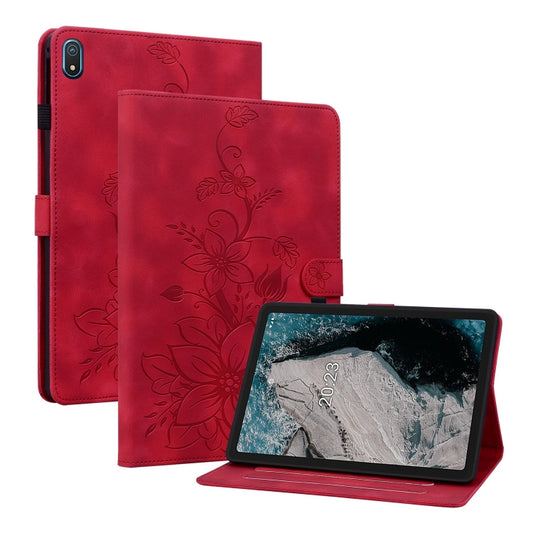 For Nokia T20 10.4 2021 Lily Embossed Leather Tablet Case(Red) - Nokia by PMC Jewellery | Online Shopping South Africa | PMC Jewellery | Buy Now Pay Later Mobicred