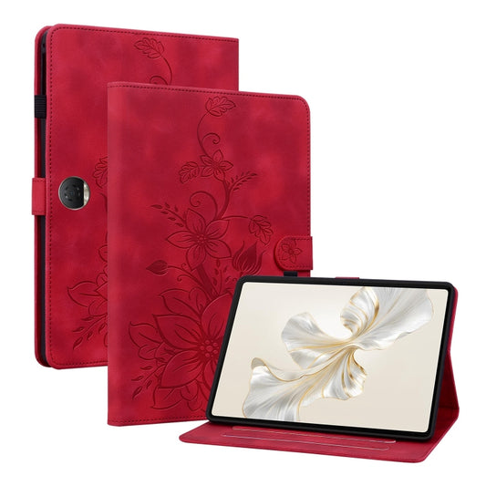 For Honor Pad 9 12.1 Lily Embossed Leather Tablet Case(Red) - Honor by PMC Jewellery | Online Shopping South Africa | PMC Jewellery | Buy Now Pay Later Mobicred