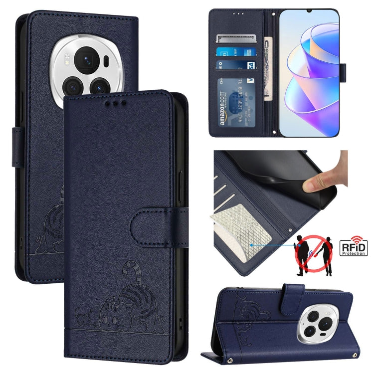 For Honor Magic6 Pro 5G Global Cat Rat Embossed Pattern RFID Leather Phone Case with Lanyard(Blue) - Honor Cases by PMC Jewellery | Online Shopping South Africa | PMC Jewellery | Buy Now Pay Later Mobicred