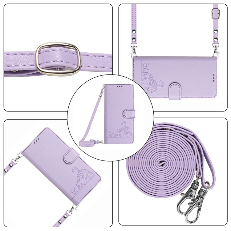 For Honor Magic6 Pro 5G Global Cat Rat Embossed Pattern RFID Leather Phone Case with Lanyard(Purple) - Honor Cases by PMC Jewellery | Online Shopping South Africa | PMC Jewellery | Buy Now Pay Later Mobicred