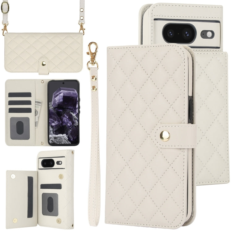 For Google Pixel 8 Crossbody Multifunction Rhombic Leather Phone Case(White) - Google Cases by PMC TechLife | Online Shopping South Africa | PMC TechLife | Buy Now Pay Later Mobicred