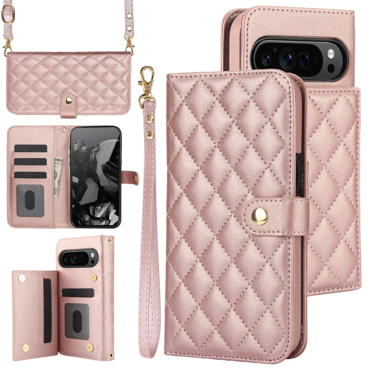 For Google Pixel 9 Crossbody Multifunction Rhombic Leather Phone Case(Rose Gold) - Google Cases by PMC Jewellery | Online Shopping South Africa | PMC Jewellery | Buy Now Pay Later Mobicred