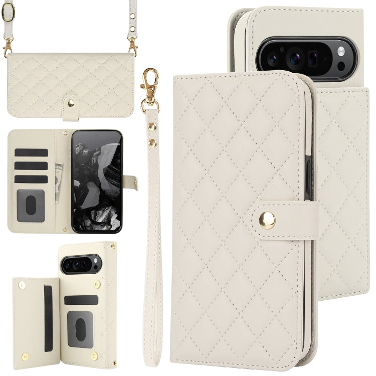 For Google Pixel 9 Pro XL Crossbody Multifunction Rhombic Leather Phone Case(White) - Google Cases by PMC Jewellery | Online Shopping South Africa | PMC Jewellery | Buy Now Pay Later Mobicred