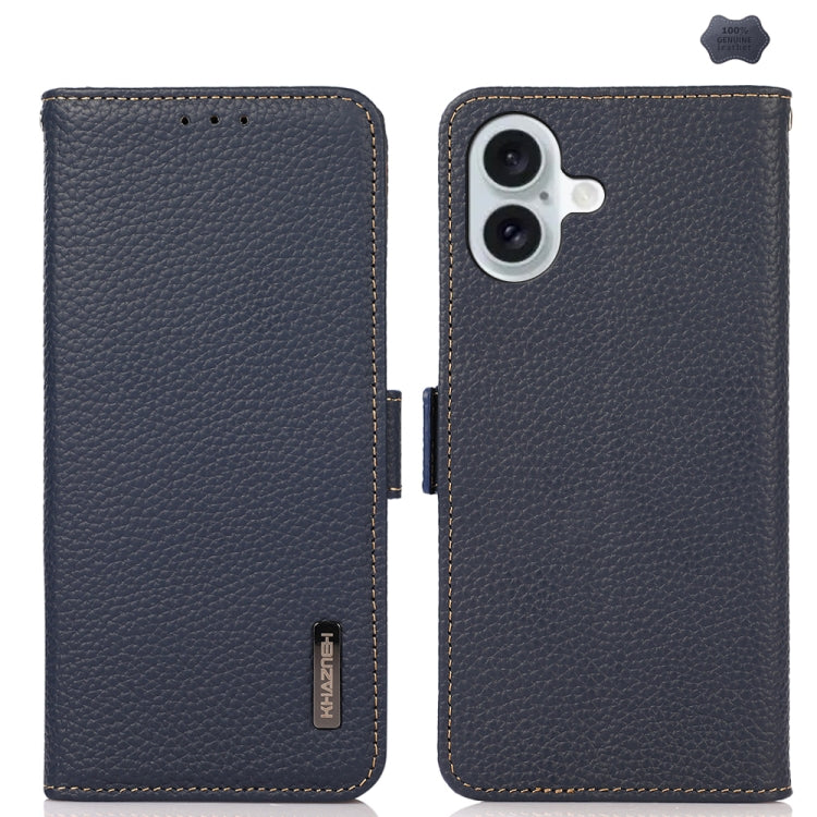 For iPhone 16 Plus KHAZNEH Side-Magnetic Litchi Genuine Leather RFID Case(Blue) - iPhone 16 Plus Cases by PMC TechLife | Online Shopping South Africa | PMC TechLife | Buy Now Pay Later Mobicred