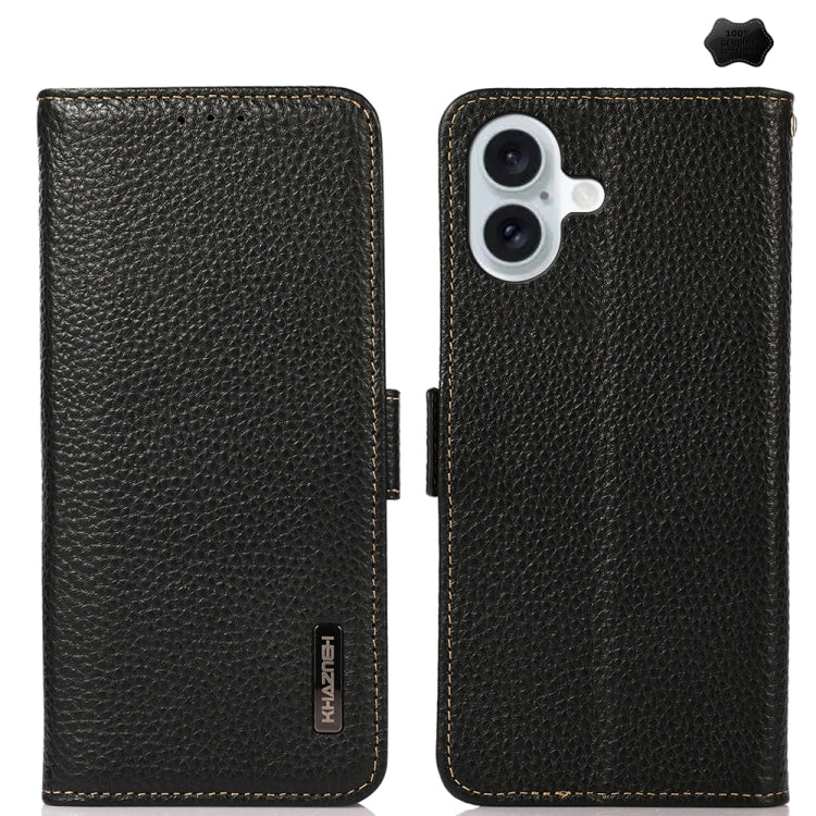 For iPhone 16 KHAZNEH Side-Magnetic Litchi Genuine Leather RFID Case(Black) - iPhone 16 Cases by PMC TechLife | Online Shopping South Africa | PMC TechLife | Buy Now Pay Later Mobicred