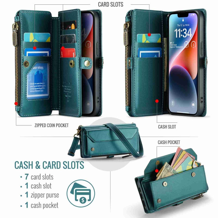 For iPhone 14 Plus CaseMe C36 Card Slots Zipper Wallet RFID Anti-theft Leather Phone Case(Blue-green) - iPhone 14 Plus Cases by CaseMe | Online Shopping South Africa | PMC Jewellery | Buy Now Pay Later Mobicred