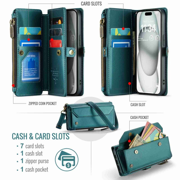 For iPhone 15 CaseMe C36 Card Slots Zipper Wallet RFID Anti-theft Leather Phone Case(Blue-green) - iPhone 15 Cases by CaseMe | Online Shopping South Africa | PMC Jewellery | Buy Now Pay Later Mobicred