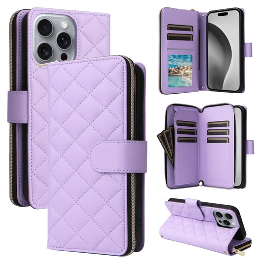 For iPhone 16 Pro Max Crossbody Rhombic Zipper Tower Buckle Leather Phone Case with Lanyard(Purple) - iPhone 16 Pro Max Cases by PMC Jewellery | Online Shopping South Africa | PMC Jewellery | Buy Now Pay Later Mobicred