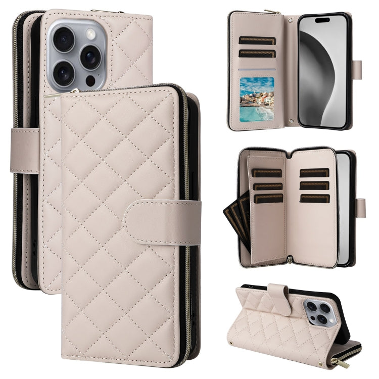 For iPhone 16 Pro Max Crossbody Rhombic Zipper Tower Buckle Leather Phone Case with Lanyard(Beige) - iPhone 16 Pro Max Cases by PMC Jewellery | Online Shopping South Africa | PMC Jewellery | Buy Now Pay Later Mobicred