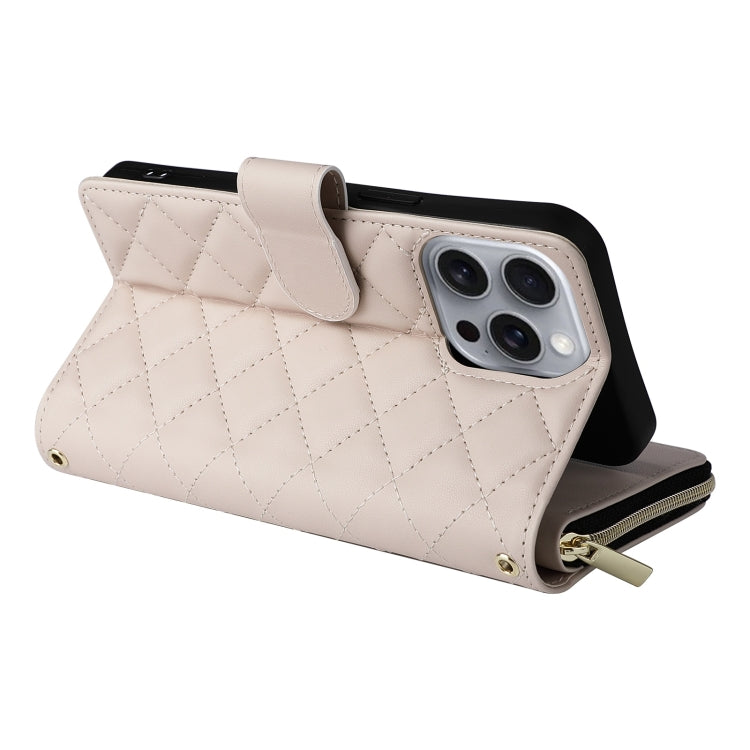 For iPhone 16 Pro Max Crossbody Rhombic Zipper Tower Buckle Leather Phone Case with Lanyard(Beige) - iPhone 16 Pro Max Cases by PMC Jewellery | Online Shopping South Africa | PMC Jewellery | Buy Now Pay Later Mobicred