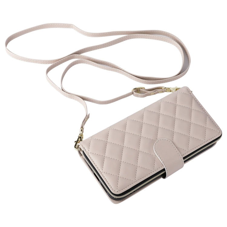 For iPhone 16 Pro Max Crossbody Rhombic Zipper Tower Buckle Leather Phone Case with Lanyard(Beige) - iPhone 16 Pro Max Cases by PMC Jewellery | Online Shopping South Africa | PMC Jewellery | Buy Now Pay Later Mobicred