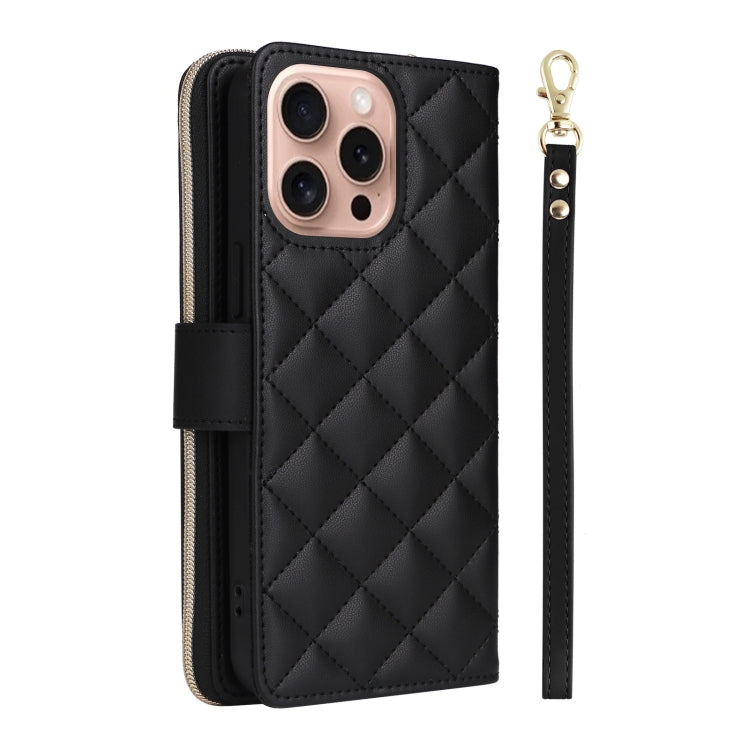 For iPhone 16 Pro Crossbody Rhombic Zipper Tower Buckle Leather Phone Case with Lanyard(Black) - iPhone 16 Pro Cases by PMC Jewellery | Online Shopping South Africa | PMC Jewellery | Buy Now Pay Later Mobicred