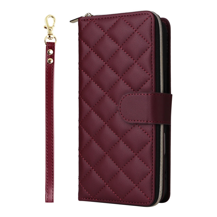 For iPhone 16 Plus Crossbody Rhombic Zipper Tower Buckle Leather Phone Case with Lanyard(Wine Red) - iPhone 16 Plus Cases by PMC Jewellery | Online Shopping South Africa | PMC Jewellery | Buy Now Pay Later Mobicred