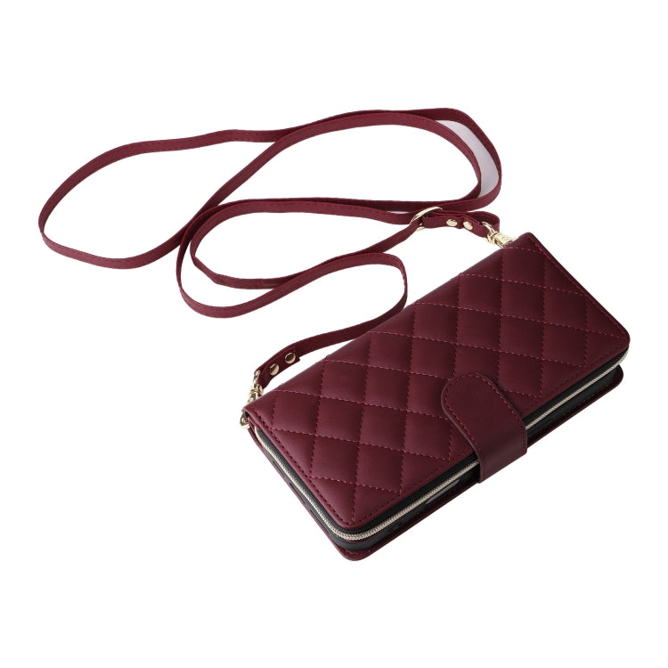 For iPhone 16 Plus Crossbody Rhombic Zipper Tower Buckle Leather Phone Case with Lanyard(Wine Red) - iPhone 16 Plus Cases by PMC Jewellery | Online Shopping South Africa | PMC Jewellery | Buy Now Pay Later Mobicred