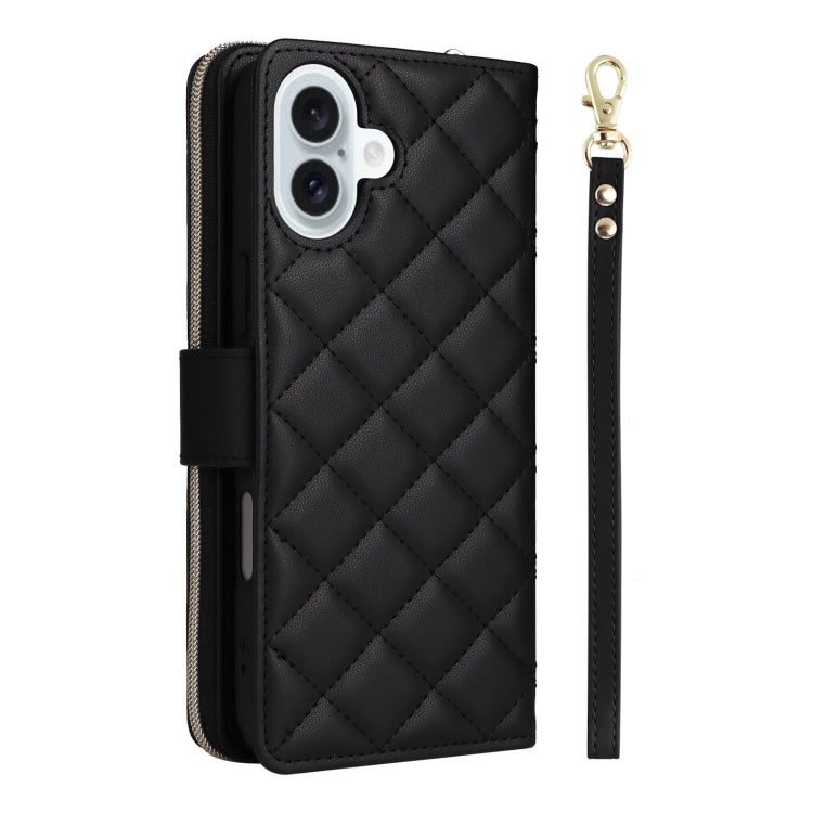 For iPhone 16 Plus Crossbody Rhombic Zipper Tower Buckle Leather Phone Case with Lanyard(Black) - iPhone 16 Plus Cases by PMC Jewellery | Online Shopping South Africa | PMC Jewellery | Buy Now Pay Later Mobicred