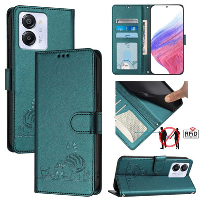 For Blackview Color 8 Cat Rat Embossed Pattern RFID Leather Phone Case with Lanyard(Peacock Green) - More Brand by PMC Jewellery | Online Shopping South Africa | PMC Jewellery | Buy Now Pay Later Mobicred