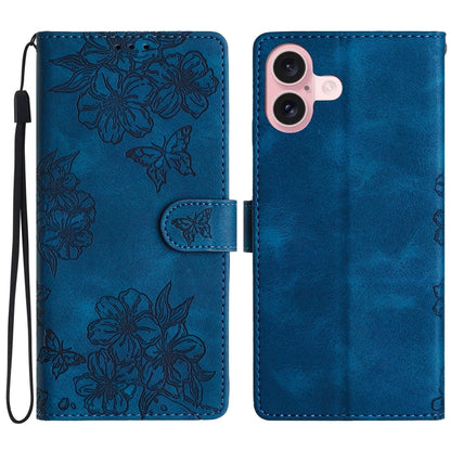 For iPhone 16 Cherry Blossom Butterfly Skin Feel Embossed PU Phone Case(Blue) - iPhone 16 Cases by PMC Jewellery | Online Shopping South Africa | PMC Jewellery | Buy Now Pay Later Mobicred