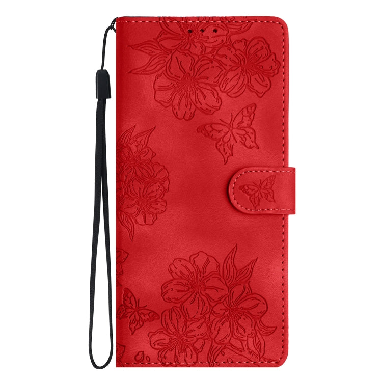 For iPhone 16 Plus Cherry Blossom Butterfly Skin Feel Embossed PU Phone Case(Red) - free shipping - PMC TechLife - Order now!