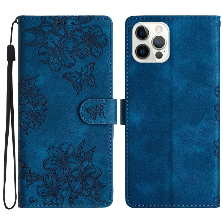 For iPhone 16 Pro Cherry Blossom Butterfly Skin Feel Embossed PU Phone Case(Blue) - iPhone 16 Pro Cases by PMC Jewellery | Online Shopping South Africa | PMC Jewellery | Buy Now Pay Later Mobicred