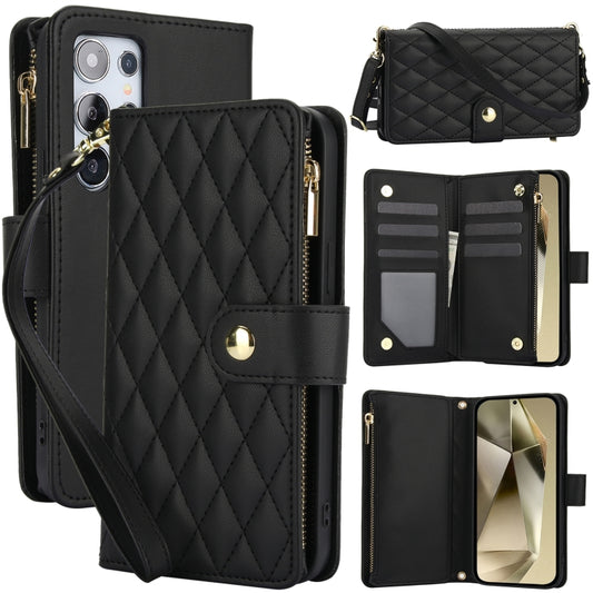 For Samsung Galaxy S24 Ultra 5G YM016 Rhombic Zipper Card Wallet Leather Phone Case with Lanyard(Black) - Galaxy S24 Ultra 5G Cases by PMC Jewellery | Online Shopping South Africa | PMC Jewellery | Buy Now Pay Later Mobicred