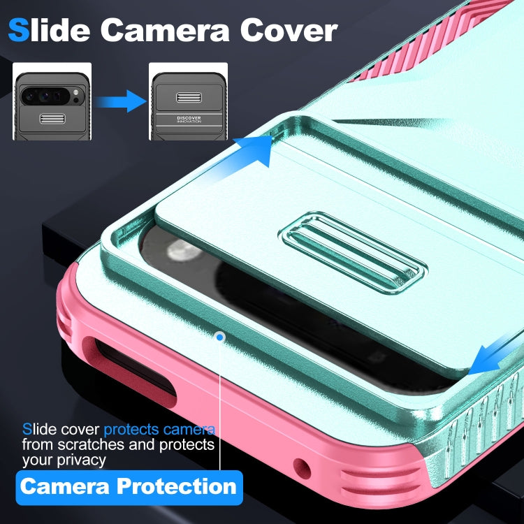 For Google Pixel 9 Pro XL Sliding Camshield Phone Case(Grey Green + Pink) - Google Cases by PMC Jewellery | Online Shopping South Africa | PMC Jewellery | Buy Now Pay Later Mobicred