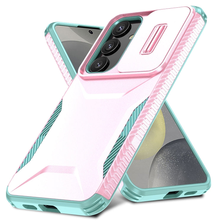 For Samsung Galaxy S25 5G / S24 5G Sliding Camshield Phone Case(Pink + Grey Green) - Galaxy S24 5G Cases by PMC Jewellery | Online Shopping South Africa | PMC Jewellery | Buy Now Pay Later Mobicred