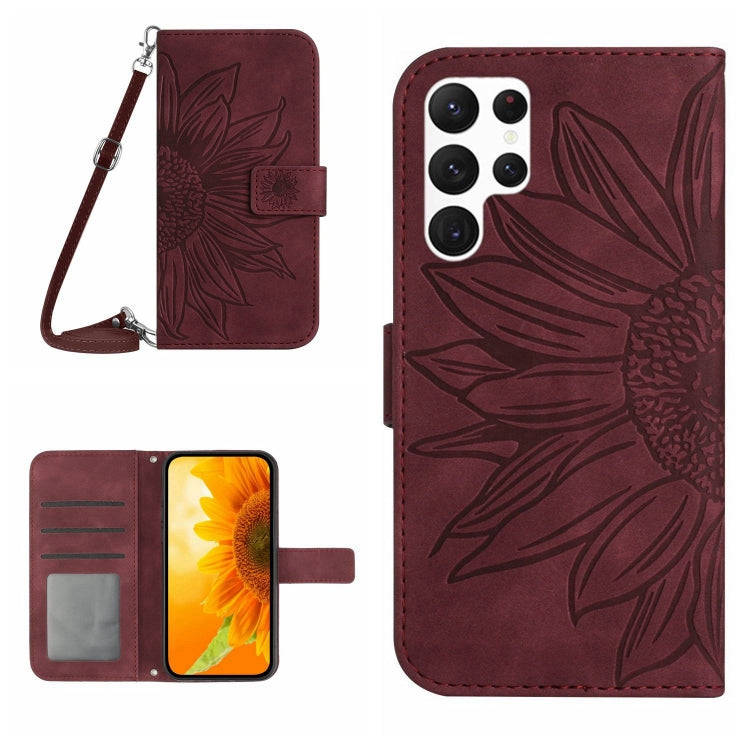 For Samsung Galaxy S25 Ultra 5G Skin Feel Sun Flower Embossed Flip Leather Phone Case with Lanyard(Wine Red) - Galaxy S25 Ultra 5G Cases by PMC Jewellery | Online Shopping South Africa | PMC Jewellery | Buy Now Pay Later Mobicred