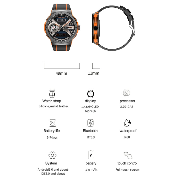 LEMFO HK52 1.43 inch BT5.3 IP68 Sport Smart Watch, Support Bluetooth Call / Message Notification / Heart Rate / Blood Pressure Health Monitor(Orange) - Smart Watches by LEMFO | Online Shopping South Africa | PMC Jewellery | Buy Now Pay Later Mobicred