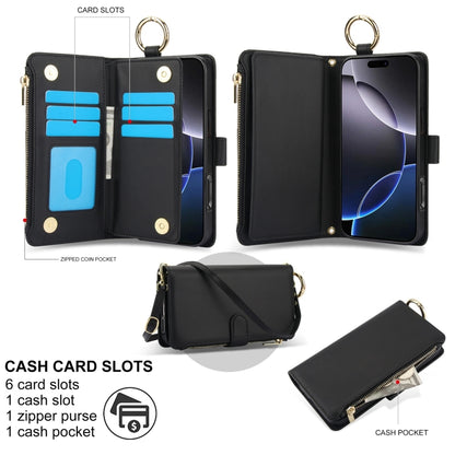 For iPhone 16 Pro Crossbody Ring Multifunctional Wallet Leather Phone Case(Black) - More iPhone Cases by PMC Jewellery | Online Shopping South Africa | PMC Jewellery | Buy Now Pay Later Mobicred