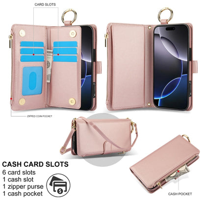 For iPhone 16 Pro Crossbody Ring Multifunctional Wallet Leather Phone Case(Rose Gold) - More iPhone Cases by PMC Jewellery | Online Shopping South Africa | PMC Jewellery | Buy Now Pay Later Mobicred