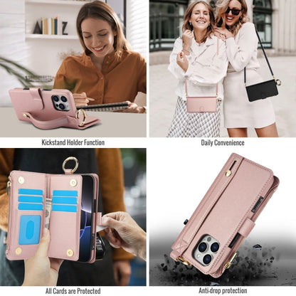 For iPhone 16 Pro Crossbody Ring Multifunctional Wallet Leather Phone Case(Rose Gold) - More iPhone Cases by PMC Jewellery | Online Shopping South Africa | PMC Jewellery | Buy Now Pay Later Mobicred