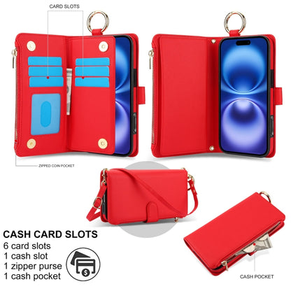 For iPhone 16 Plus Crossbody Ring Multifunctional Wallet Leather Phone Case(Red) - iPhone 16 Plus Cases by PMC Jewellery | Online Shopping South Africa | PMC Jewellery | Buy Now Pay Later Mobicred