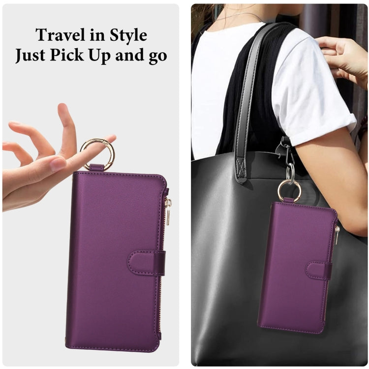 For iPhone 16 Plus Crossbody Ring Multifunctional Wallet Leather Phone Case(Dark Purple) - free shipping - PMC Jewellery - Order now!