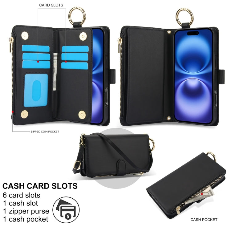 For iPhone 16 Crossbody Ring Multifunctional Wallet Leather Phone Case(Black) - iPhone 16 Cases by PMC Jewellery | Online Shopping South Africa | PMC Jewellery | Buy Now Pay Later Mobicred