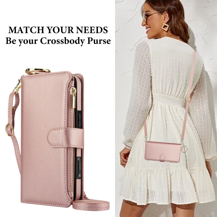 For iPhone 16 Crossbody Ring Multifunctional Wallet Leather Phone Case(Rose Gold) - iPhone 16 Cases by PMC Jewellery | Online Shopping South Africa | PMC Jewellery | Buy Now Pay Later Mobicred